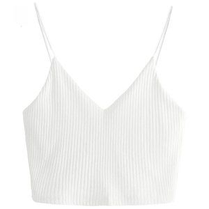 White V Neck Sleeveless Ribbed Knit Crop Top Sz S
